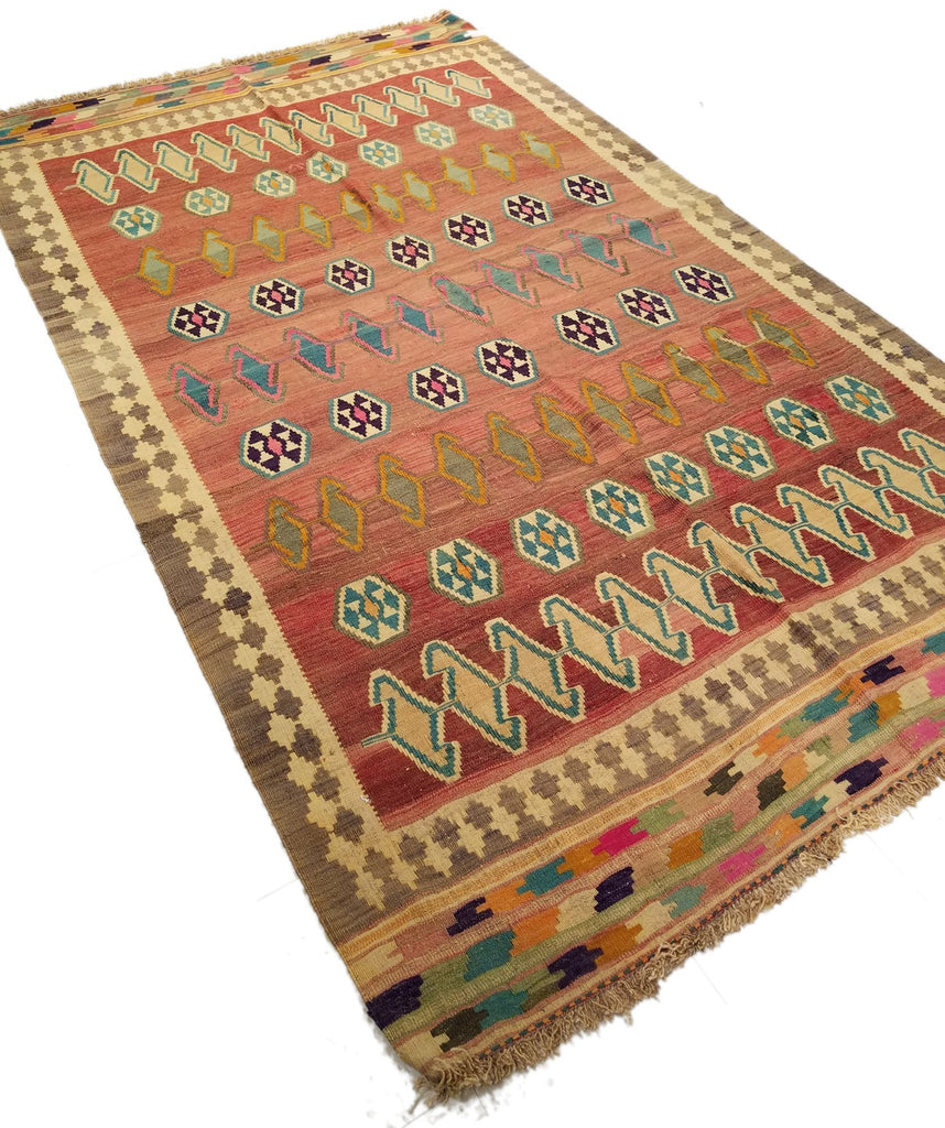 5'0" x 8'4"   Persian Vintage Qashqai Kilim Rug Angle View
