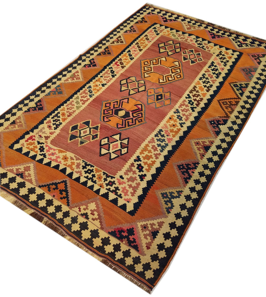 4'8" x 7'5"   Persian Vintage Qashqai Kilim Rug Angle View