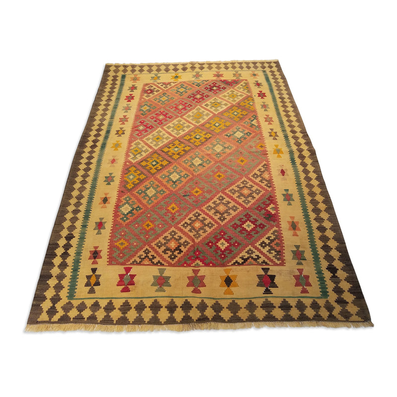 5'4" x 7'10"   Persian Vintage Qashqai Kilim Rug Angle View