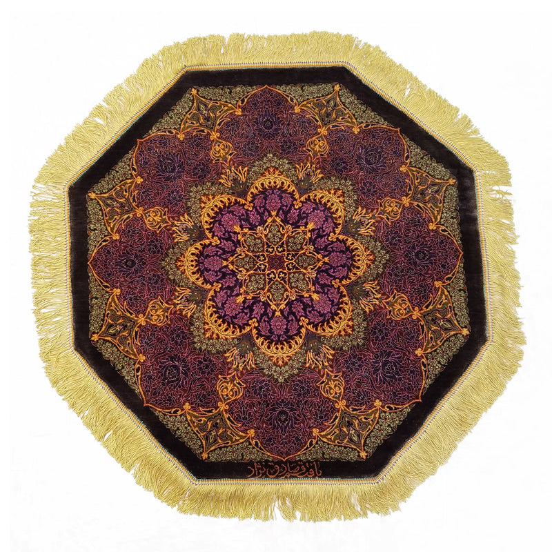 2'4" x 2'4"   Silk Persian Qom Flower Power Octagon Rug Top View