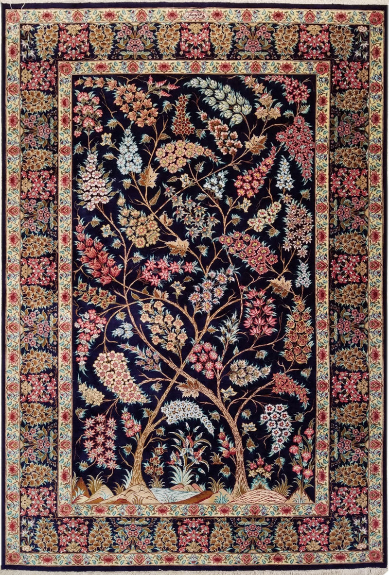 4'4" x 6'5"   Silk Persian Qom Tree of Life Rug Top View