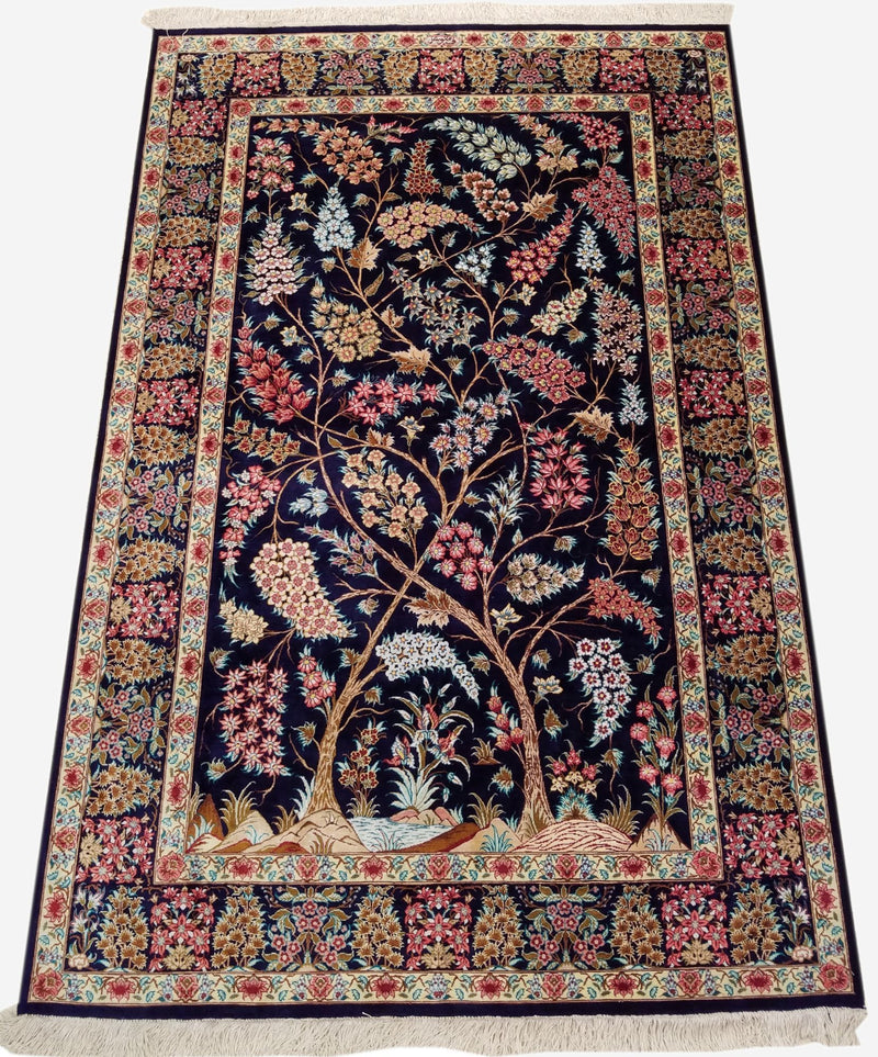 4'4" x 6'5"   Silk Persian Qom Tree of Life Rug Angle View