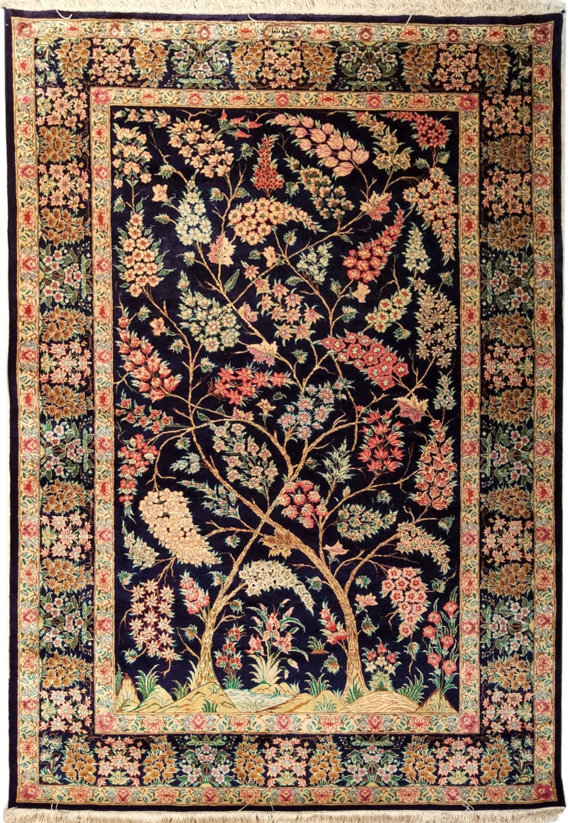 4'5" x 6'5"   Silk Persian Qom Tree of Life Rug Top View