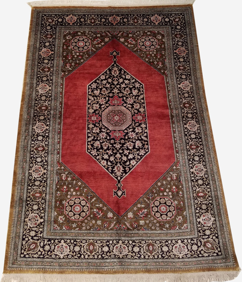4'3" x 6'6"   Silk Persian Qom Rug Angle View