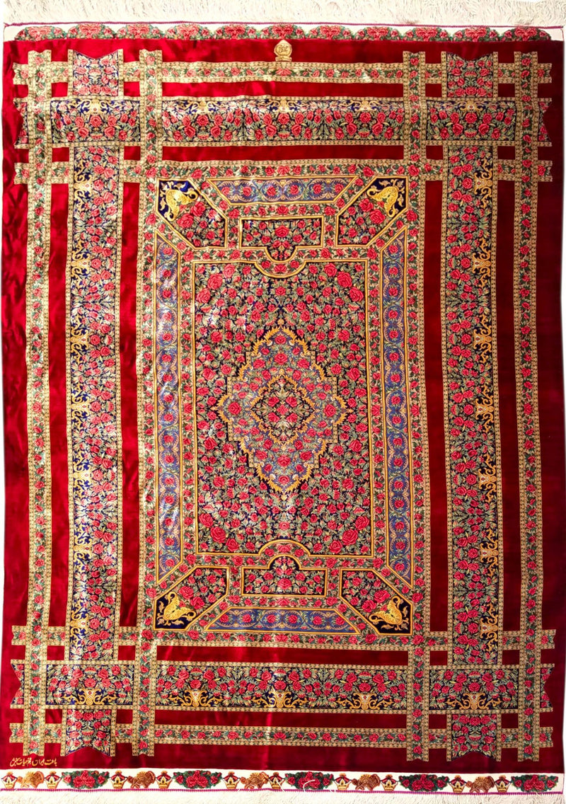 4'5" x 6'3"   Silk Persian Qom Garden of Eden Rug Top View