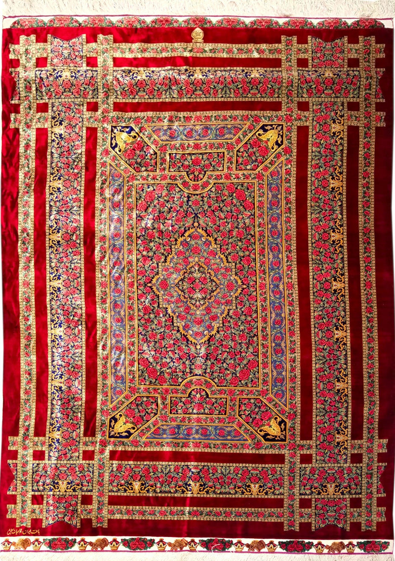 4'5" x 6'3"   Silk Persian Qom Garden of Eden Rug Angle View