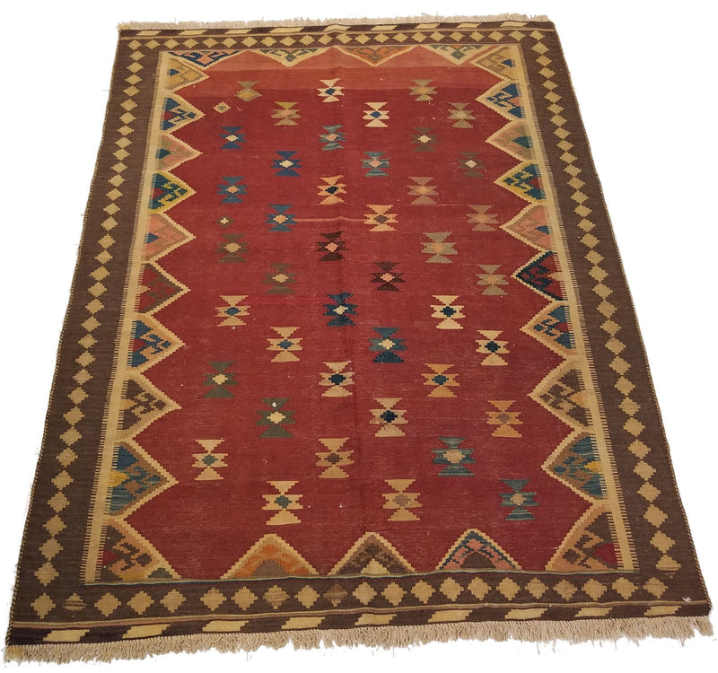 4'11" x 6'4"   Persian Vintage Qashqai Kilim Rug Angle View