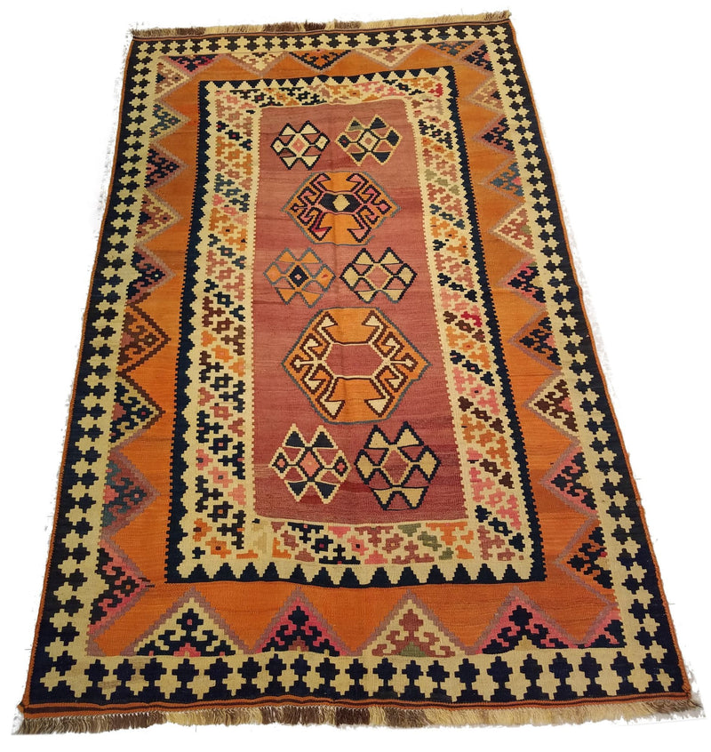 4'8" x 7'5"   Persian Vintage Qashqai Kilim Rug Angle View